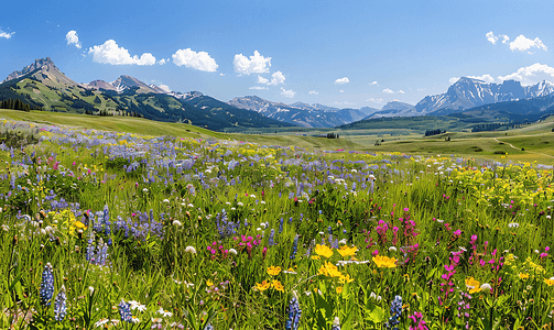 科罗拉多州克雷斯特德比特附近落基山脉的野花草甸全景