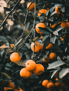 越南顺化树上挂着鲜橙色橘子的树枝