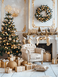 以设计摄影照片_经典的室内房间以圣诞风格装饰配有圣诞树和礼物