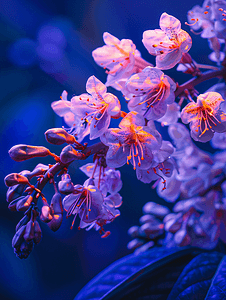 手电筒紫外线照射下的黄杨树花