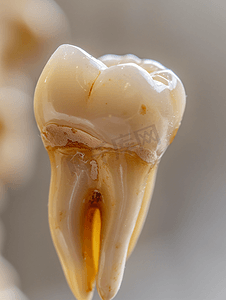 牙医拔牙后腐烂的牙齿直至根部的宏观照片