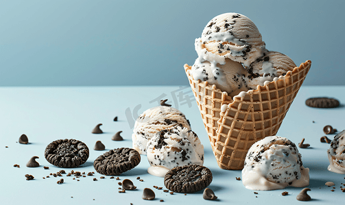巧克力冰淇淋甜筒摄影照片_饼干和奶油冰淇淋甜筒