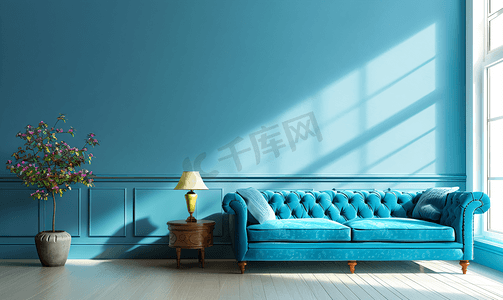 配有复古风格家具的蓝色客厅