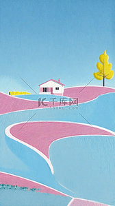 文艺清新蓝粉色夏日山坡上的房子背景素材