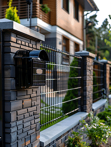 私人住宅的邮箱安装在房屋栅栏网格上的黑色金属邮箱