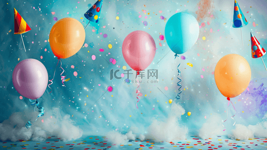 考研聚会背景图片_聚会节日生日彩色彩带气球礼帽的背景