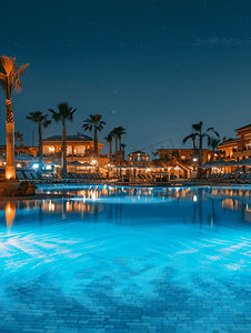 埃及夜晚摄影照片_埃及沙姆沙伊赫海滩附近一家酒店的夜间游泳池