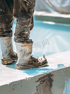 泳池建造期间穿着尖刺鞋的工人站在湿石膏中