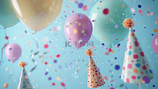聚会节日生日彩色彩带气球礼帽的背景