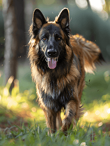 夏天散步摄影照片_比利时牧羊犬在绿色公园散步的肖像