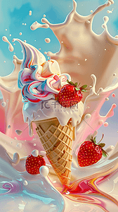 清凉夏日粉红冷饮3D草莓冰淇淋2背景图