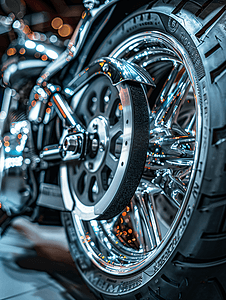 安全摩托车摄影照片_摩托车后轮制动钳上的制动盘和轮胎闪亮镀铬