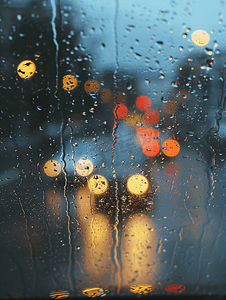 雨天汽车前灯模糊的光线在玻璃上反射