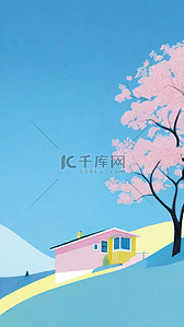 夏天的树背景图片_文艺清新蓝粉色夏日山坡上的房子设计