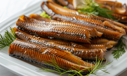 白盘上的冷熏鱼美味的鲱鱼烟熏鲱鱼