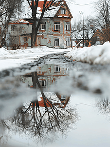 秋冬季节常见病摄影照片_融化的雪水坑里房子的倒影