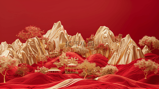 红色背景场景背景图片_红色场景金色壁画山景树木的背景图