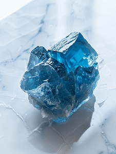 矿物岩石摄影照片_白色大理石上抛光的蓝色托帕石