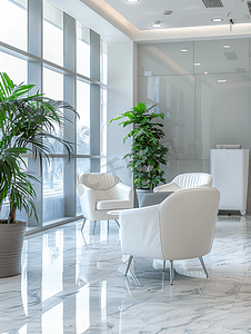 办公室宽敞而现代化的候诊室内可欣赏白色扶手椅和笔记本电脑