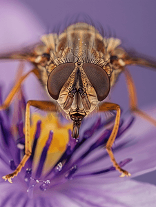 飞在带有花粉的紫色花朵上的微距照片昆虫细节