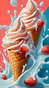 清凉夏日粉红冷饮3D草莓冰淇淋背景