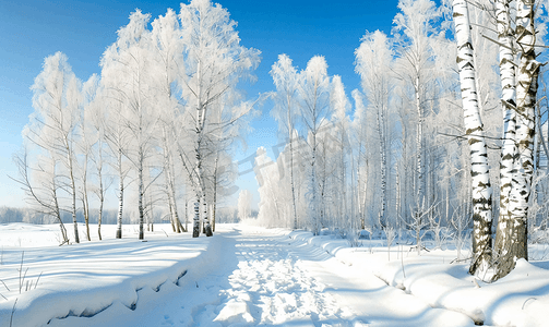 冰雪节展板摄影照片_冬季景观冰雪覆盖的田野上有冰雪覆盖的桦树寒冷的景观