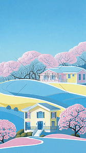 文艺清新蓝粉色夏日山坡上的房子设计