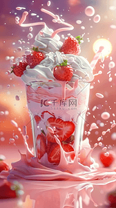 清凉夏日背景图背景图片_3D草莓冰淇淋清凉夏日粉红冷饮背景图