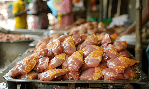 孟加拉国当地商店出售的生鸡肉片
