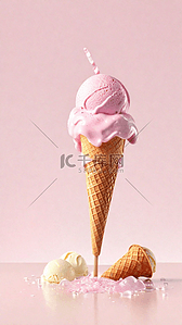 冰淇淋手报背景图片_夏天冷饮3D草莓奶油冰淇淋球图片