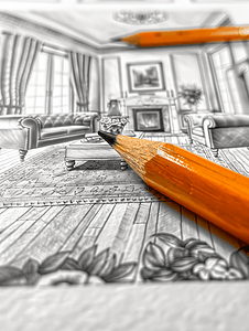 铅笔擦除绘图以显示完成的定制客厅设计照片