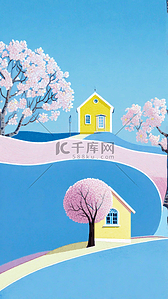 夏天的树背景图片_文艺清新蓝粉色夏日山坡上的房子背景图