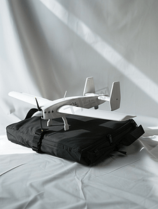 遥控飞机摄影照片_黑色袋子上的现代小型遥控白色飞机准备飞行