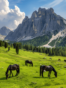 意大利多洛米蒂山山谷的绿色牧场上黑马在吃草