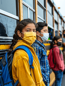 校车附近的西班牙裔学生戴着口罩