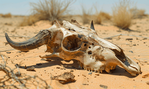 动物鳞片摄影照片_沙漠中的动物头骨