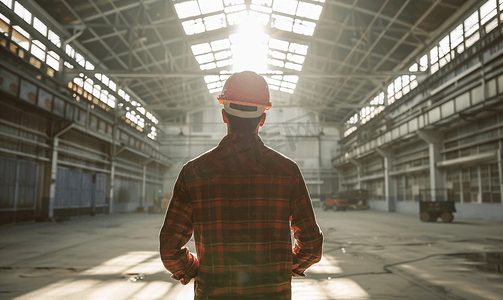 戴安全帽的人摄影照片_戴着安全帽的男承包商站在空荡荡的工业仓库里