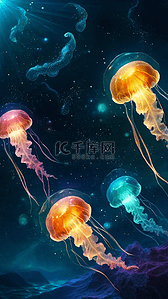 海底世界炫彩透明发光的水母背景3