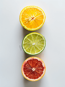柑橘摄影照片_白色背景中切成片的柑橘类水果如葡萄柚橙柠檬和石灰