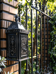 私人住宅的邮箱安装在房屋栅栏网格上的黑色金属邮箱