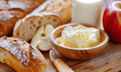 食品面包摄影照片_容器里装着新鲜黄油桌上放着面包苹果和牛奶
