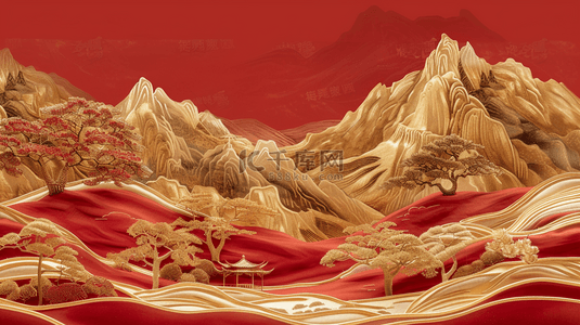 红色场景金色壁画山景树木的背景图