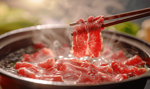 有机午餐摄影照片_筷子将生鲜牛肉涮锅放入热汤锅中