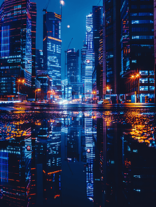 首都夜生活现代建筑与水坑中光的反射