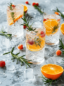 气泡柑橘摄影照片_桌上玻璃杯中的硬苏打水酒精鸡尾酒配有橙色浆果和迷迭香