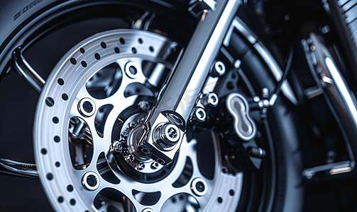 汽车摩托车摄影照片_摩托车前轮制动钳上的制动盘和轮胎闪亮镀铬
