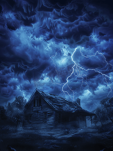 风暴和闪电笼罩房屋村庄附近夜间雷雨