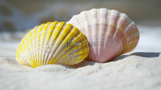 阳光下沙滩上彩色贝壳的背景图