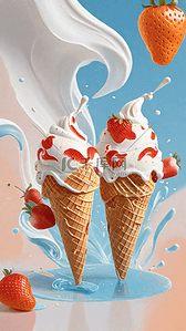 清凉夏日背景图背景图片_清凉冷饮3D草莓奶油冰淇淋杯背景图