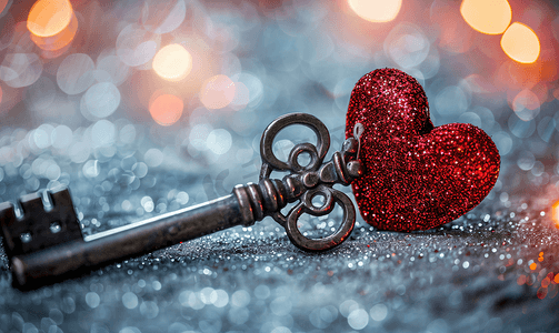 复古钥匙与红色闪光心爱情概念创意照片
